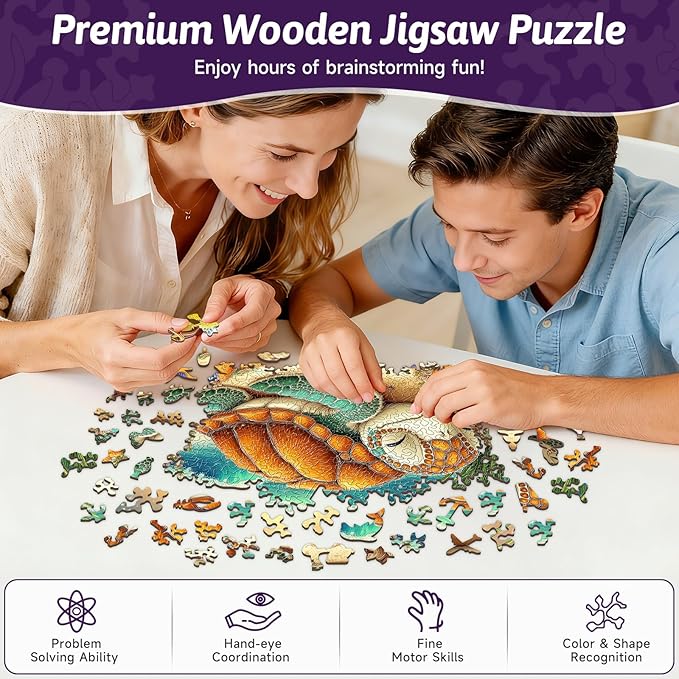 330 Piece Sleepy Sea Turtle Wooden Jigsaw Puzzle for Adults - 13’’ Coastal Beach Scene Puzzle, Unique Animal Shape Wood Cut Puzzles Gift for Ocean & Nature Lovers (Sea Turtle)