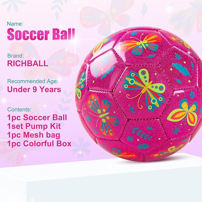 Richball Size 3 Soccer Ball Girls, Pink Kids Soccer Ball, Outdoor Activity for Toddlers Age 1-3 3-6, Christmas Birthday Present for Boys Pink Butterfly