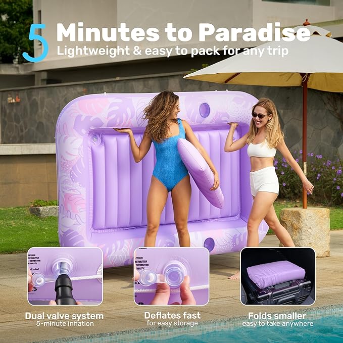 SLOOSH Inflatable Tanning Pool Lounger Float, 85" x 57" Pool Floats Adult with Pillow, 4 in 1 Suntan Tub Raft Floatie,Sunbathing Bed Lounge for Water Blow Up Ball Pit Party Gifts, L-Purple