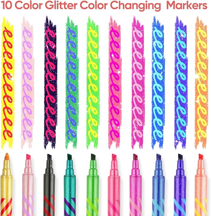 10 Pack Magic Glitter Color Changing Markers, Jumbo Dual Tip Markers with Color-Coded Barrels , Double Ended Chisel Tip Marker Set, Non-Toxic Kids Art Supplies for Drawing & Coloring, Stationery Sets