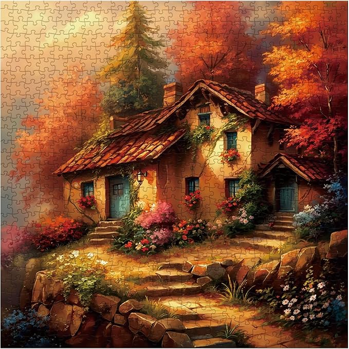Vintage Cabin Landscape Puzzles for Adults 1000 Pieces, Beautiful House Autumn Jigsaw Puzzle, Impossible Sunset Art Puzzles