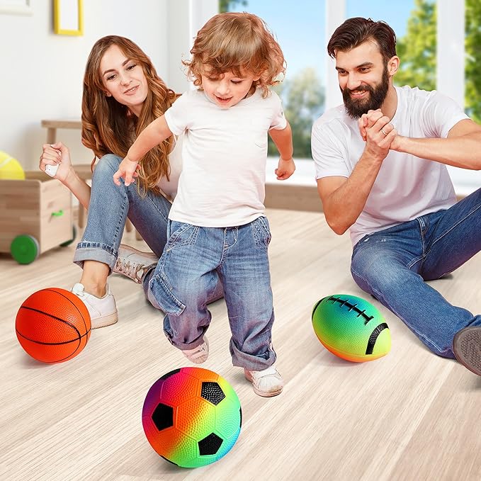 Small Sports Balls for Toddler Pack of 6, Ball Gift for Kids, 2 Each of 5" Football, Basketball, Soccer for Playground, Toy Balls Inflatable Multi-Sport Ball Set with 1 Pump