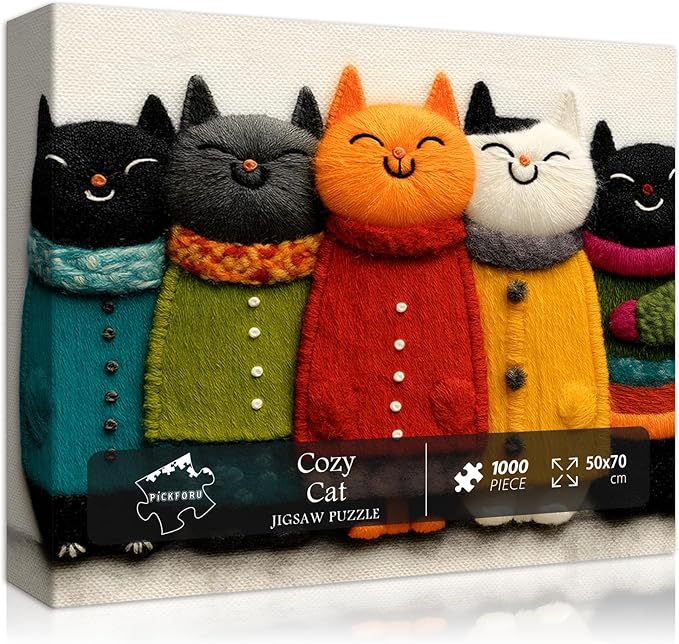 Cat Puzzle for Adults,Cozy Cat Art Jigsaw Puzzle 1000 Pieces, Cute Colorful Kitten Puzzles Embroidery Style, Funny Whimsical Cat Puzzle Kitty Challenge