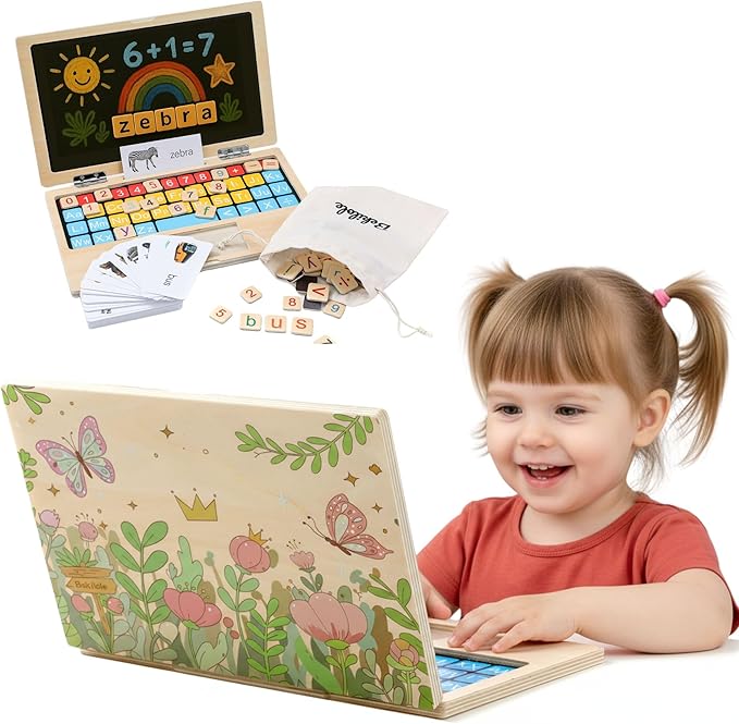 Montessori Toys 4 Year Old Girl Birthday Gifts 11.8" Floral Laptop, Homeschool Essentials, Educational Learning Pretend Play, Toddlers Toys, Customized Flashcards Learning
