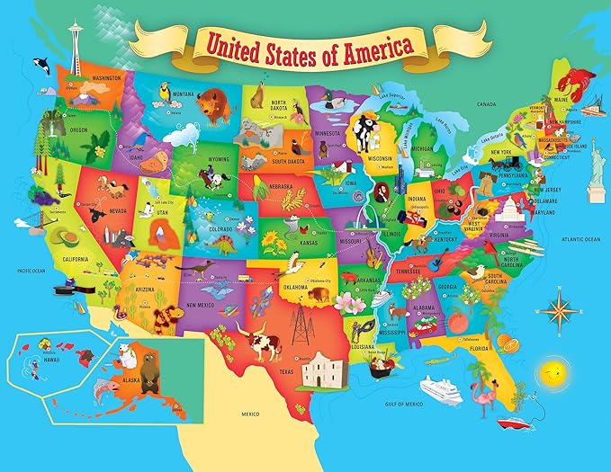 MasterPieces 60 Piece Educational Jigsaw Puzzle for Kids - USA Map State Shaped - 16.5"x12.75"