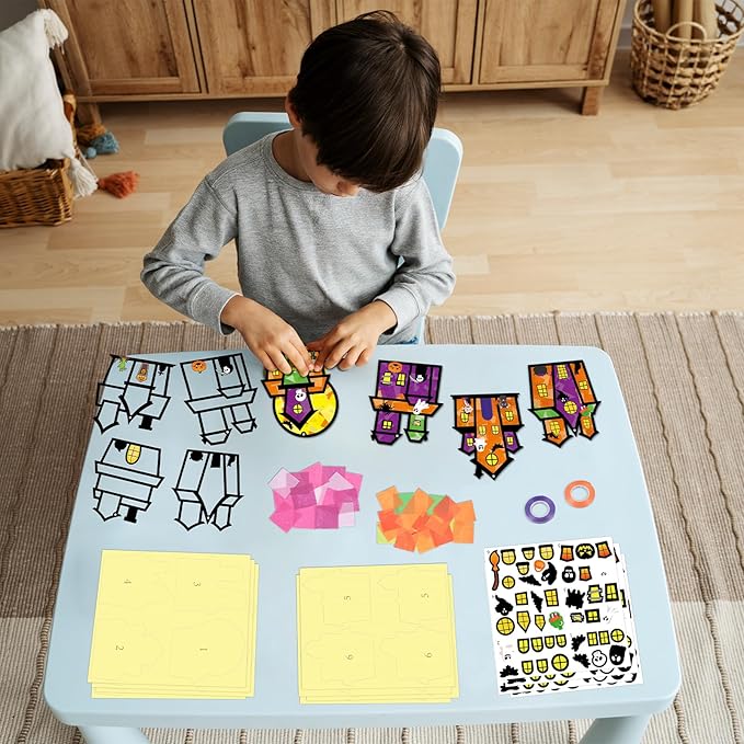 Renbuzhu 36PCS Halloweens Crafts Bulk: Haunted House Paper Suncatchers DIY Kit Party Activities Decorations, Window Stained Glass Effect Art Supplies