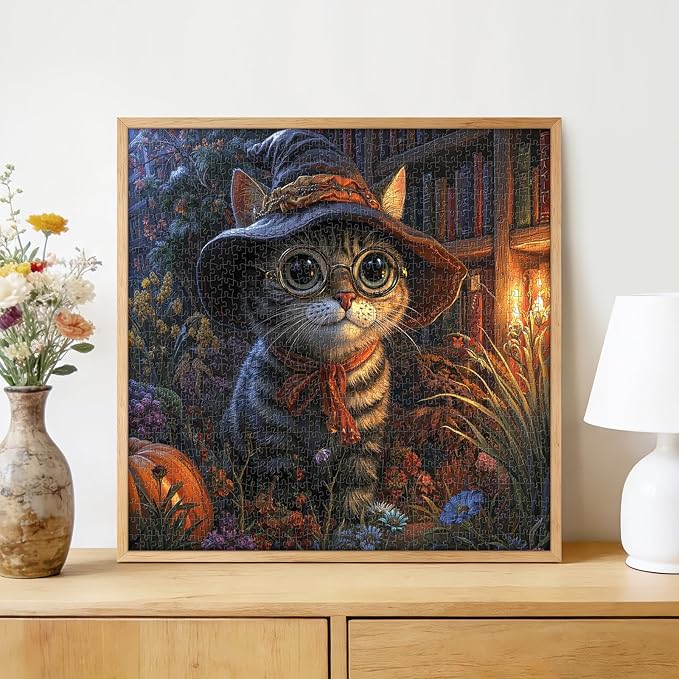 Whimsical Wizard Cat 1000 Piece Jigsaw Puzzle for Adults - Magical Library Scene with Pumpkin & Candles, Poster & Lettered Back, 22.8" Square HD Quality, Unique Gift for Cat & Fantasy Lovers