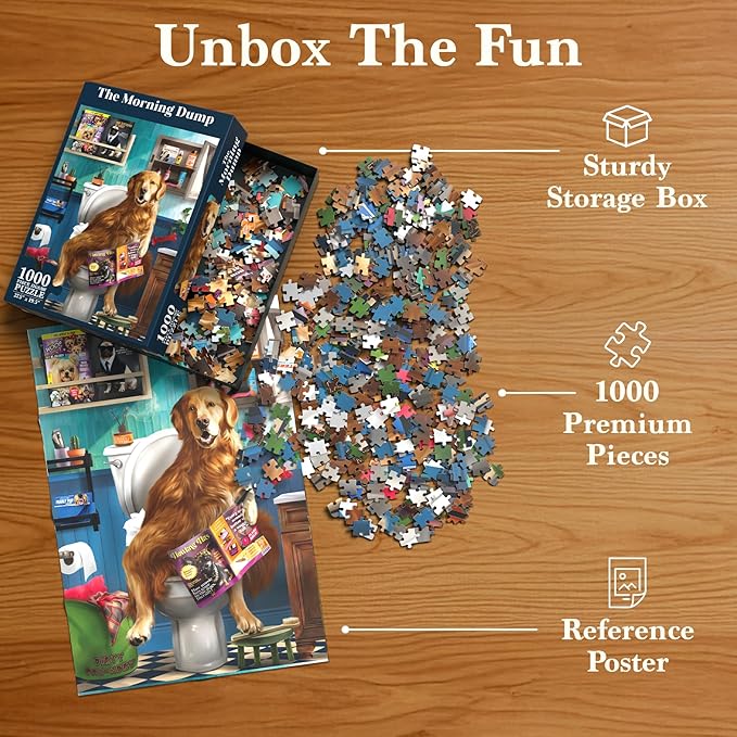 Jigsaw Puzzle 1000 Pieces - The Morning Dump, Fun for Families, Friends, Puzzle Enthusiasts, Game Nights, Includes Sorting Trays, Poster, Gifts for Dog Lovers Ages 15+, Finished Size 27.5” x 19.5"