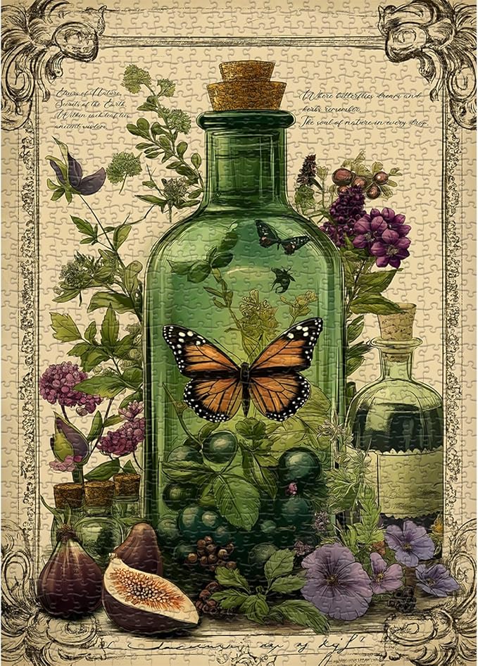 PICKFORU Plant Puzzles for Adults 1000 Pieces, Vintage Butterfly Magic Potion Bottle Puzzles,Flower Jigsaw Puzzle Retro Phytology Poster