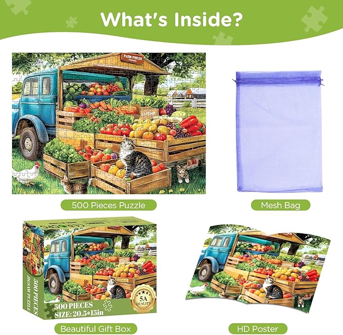 500 Pieces Jigsaw Puzzles for Adults, Truck and Cats Puzzle for Adults Seniors, Fruits and Vegetables Puzzle 500 Pieces, Gift for Birthday, Home Decor, Fun for Family Entertainment 20.5x15in
