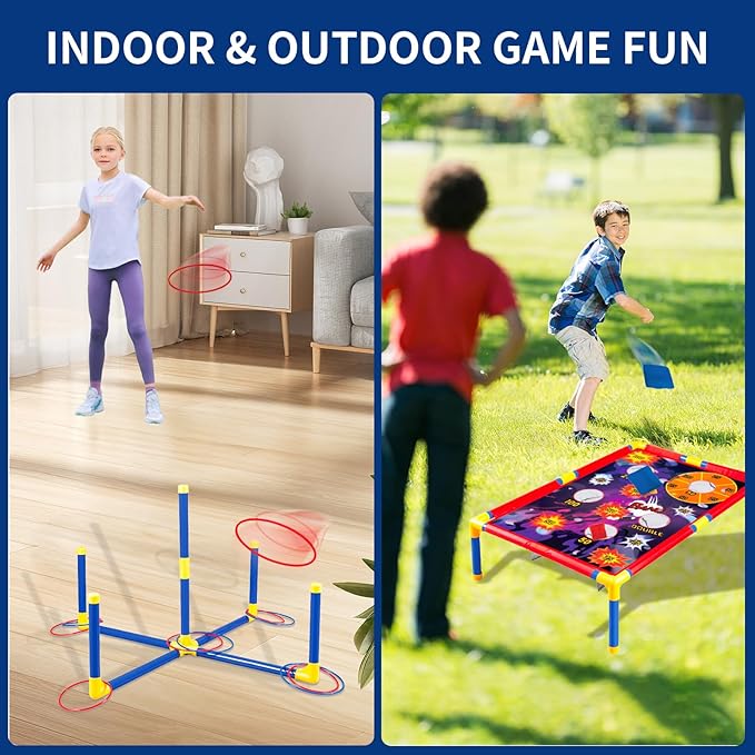 Bean Bag Toss & Shooting & Ring Toss Games Set for Kids – 3-in-1 Carnival Outdoor Cornhole Game Set with Shooting Blasters, Garden Indoor Outdoor Toys for Boys Girs Ages 5 6 7 8 9 10+ Gift