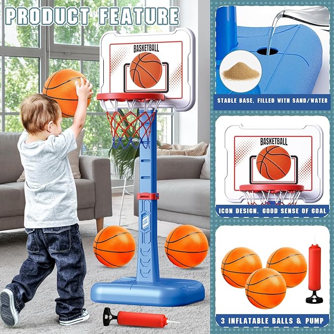 Toddler Basketball Hoop Indoor for Age 1-3, Height Adjustable Poolside Basketball Hoop with 3 Balls for Outdoor Game, Basketball Goal Sport Toys Birthday for Boys Girls 1 2 3 Year