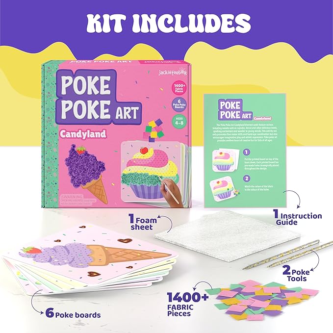 jackinthebox Poke Poke Art for Kids - Candyland Theme, Mess-Free Fabric Art and Craft, Flower Pressing Kits, Gift for Kids, DIY Activity Boy Gift, Easter Gifts for Girls and Boys Ages 4 5 6 7 8