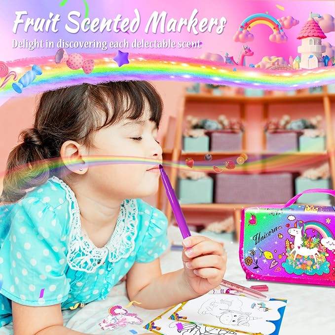 56 PCS Washable Scented Markers with Glitter Pencil Case, Mermaid Unicorn Arts and Crafts for kids 4-6-8 Kids Coloring Drawing Kits for 4-8 Years Old Girls Xmas Gifts Stocking Stuffers (Rainbow, 70)