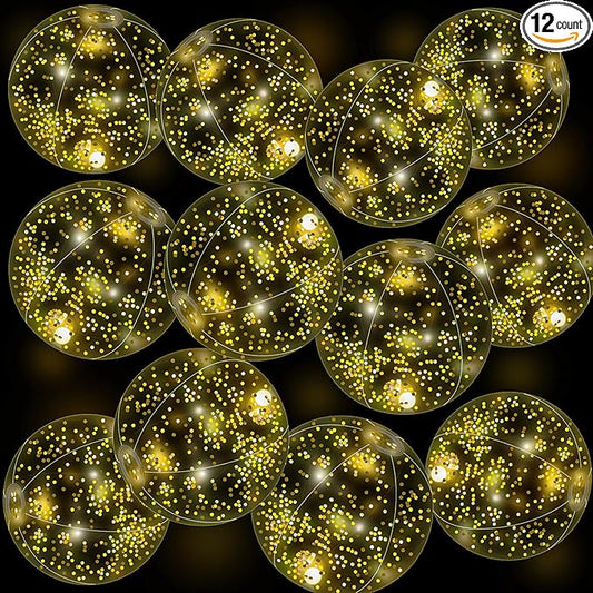 12 Pack 12 Inch Glow in The Dark LED Beach Ball Jumbo Confetti Glitters Inflatable Ball Swimming Pool Game for Party Pool Summer