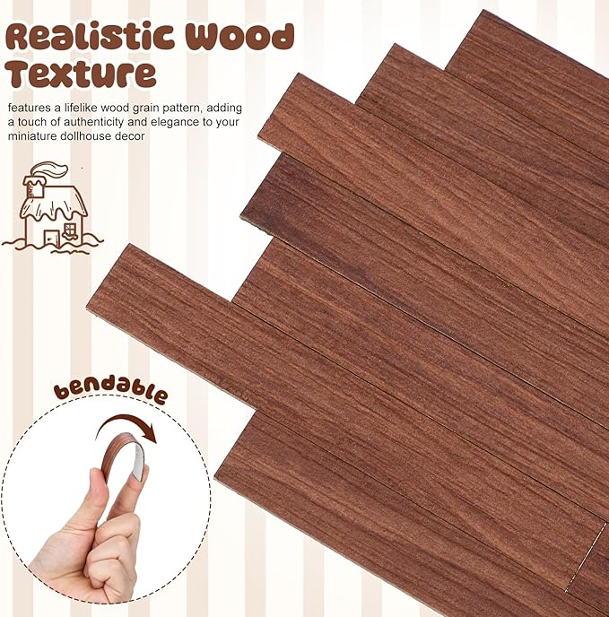TOYANDONA 40pcs Miniature Dollhouse Flooring, Mini Dollhouse Floor Boards Self Adhesive Dollhouse Wood Flooring Peel and Stick for Dollhouse Accessories (Cherry Brown)