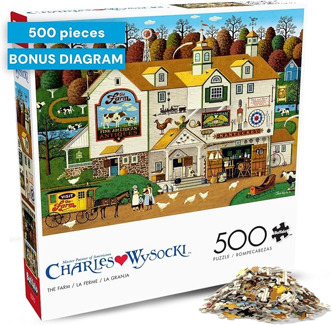 Buffalo Games – Charles Wysocki The Farm 500 Piece Jigsaw Puzzle for Adults -Challenging Puzzle Perfect for Game Nights - Finished Size is 21.25 x 15.00 – Precision-Cut Pieces, Beautiful Artwork