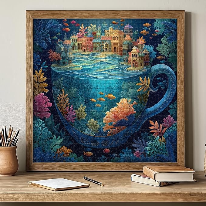 PICKFORU Ocean City for Adults 1000 Pieces, Colorful Fantasy Cup Jigsaw Puzzles Coral Fish, Difficult Challenging Sea Landscape Theme as House Decor
