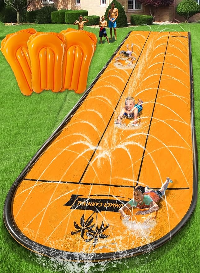 Spring Water Slip and Water Slide for Kids Backyard, 17ft*3 Racing Lanes Slip Water Slides with Sprinkler for Age 5-8 8-12, Summer Outdoor Water Toy with 3 Inflatable Bodyboards