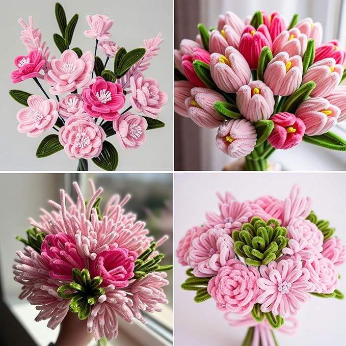 Caydo 200 Pieces Pink Pipe Cleaners for Flowers, Fluffy Craft Chenille Stems for Mother's Day Gift and Creative Arts Crafts Projects