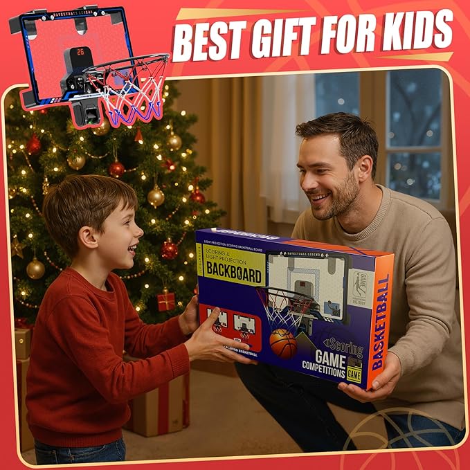 HopeRock Indoor Mini Basketball Hoop for Kids, Basketball Hoops Over The Door with LED Lighting, Mini Hoop with Scoreboard & 3 Balls, Basketball Toys Gifts for 5 6 7 8 9 10 11 12 Year Old Boys Girls