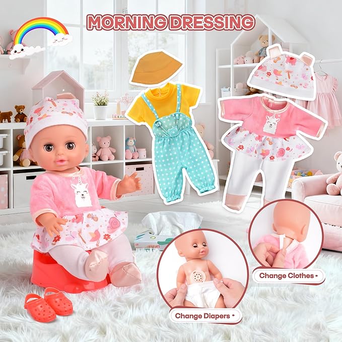 Baby Doll Stroller Set Toys with 12.5'' Baby Dolly, Baby Doll Accessories with Dining Chair&2 Set Clothes&Diaper Changing, Doll Playset for Kids, Pretend Play Girls Toys Gifts for Girls 3 4 5 Year Old