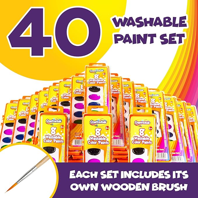 Creative Kids Bulk Washable Watercolor Paint Set - 40 Pack w/ 8 Assorted Water Color Paints & Wooden Brush - Classroom Art Supplies