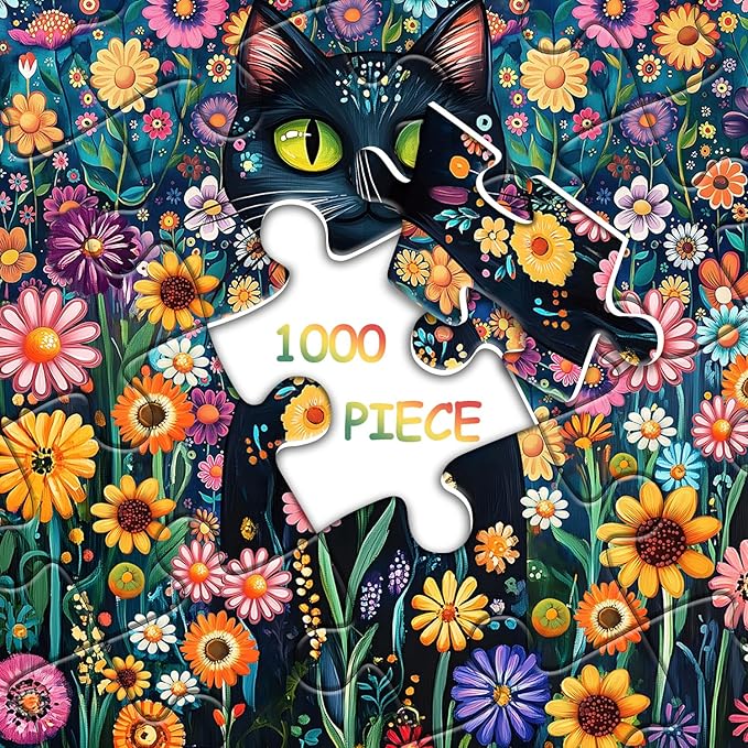 Cat Jigsaw Puzzle for Adults 1000 Pieces, Black Cat Garden Flowers Plants, Kitten Animal Themed Puzzle, Challenging for Adults Kitty