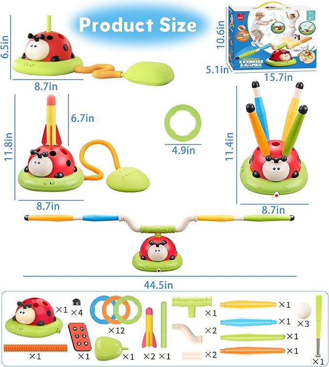 4 in 1 Musical Jump, Toss Ring Game, Baseball Toys and Stomping Launch Rocket Launcher for Kids Toys & Games with Remote, Indoor Outdoor Toys for Kids Ages 4-8 3-5 Baseball Party Favors Birthday Gift