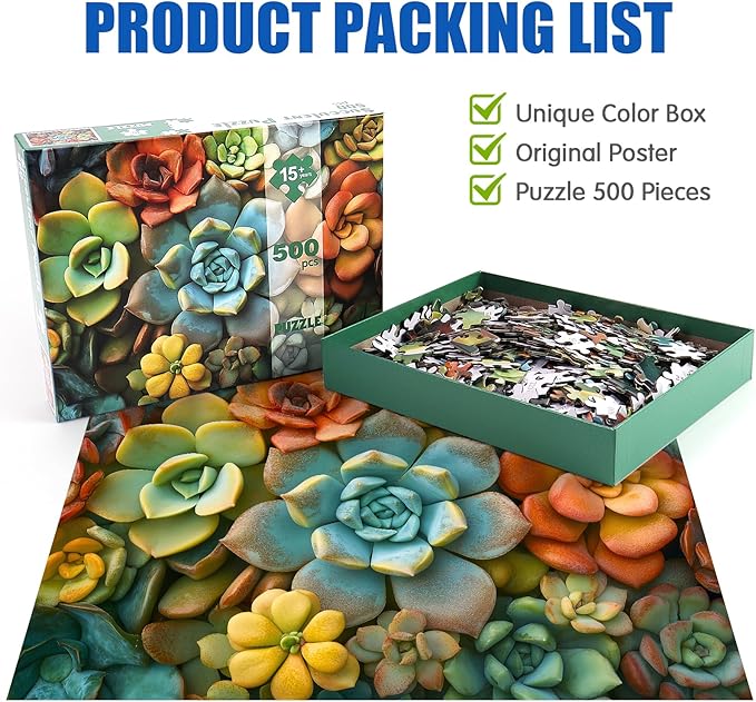 Motiloo Succulent Puzzle 500 Piece Jigsaw Puzzle for Adults -Colorful Succulent Plants Puzzle Perfect for Game Nights Family Holiday Jigsaw