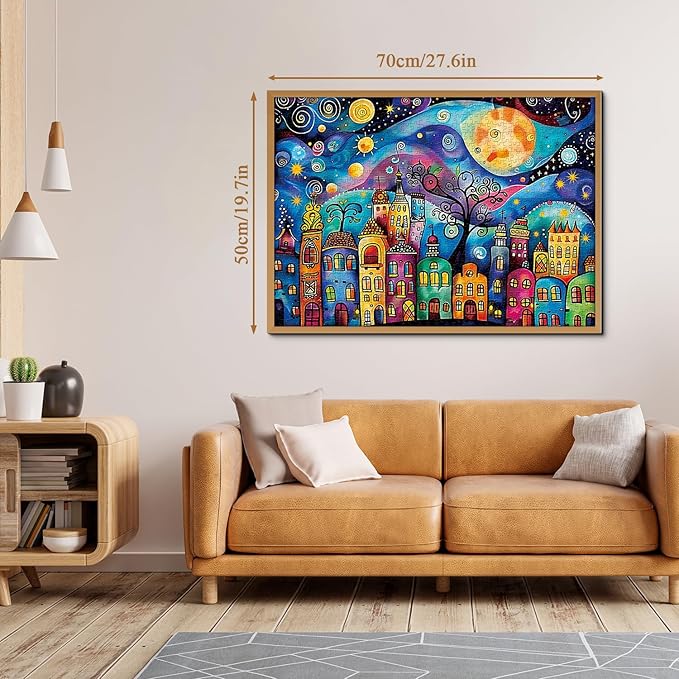 Colorful Houses Puzzles for Adults 1000 Pieces, Village Night Landscape Jigsaw Puzzles, Fantasy Abstract Starry Sky Puzzle as Nature Decor