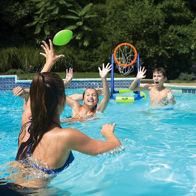 NERF Floating Pool Basketball Hoop + Football Target Net Set - Water Basketball + (2) Water Footballs Included - Floating Hoop + Target Goal for In-Pool + Poolside Play - Sports Toys for Kids