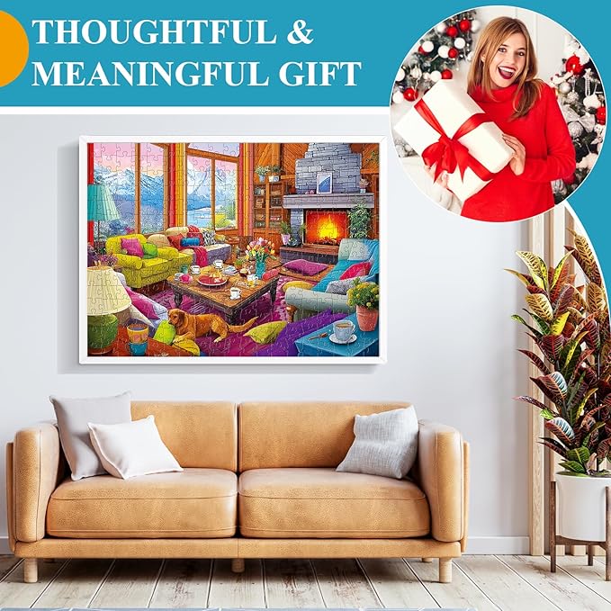 300 Piece Puzzles for Adults,Rustic Lodge Cozy Fire Puzzle for Adults Kids Seniors,Large Piece Fireplace Room Puzzle for Kids 8-10 10-12,Challenging Sofa Dog Puzzles Perfect for Game Nights, 20.5x15