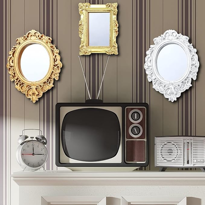 Skylety 10 Pieces Miniature Dollhouse Mirror European Frame Mirror Victorian Baroque Wall Decor Miniature Bedroom Mini Furniture Accessory for 1/12 Dollhouse Decor, Gold and Silver
