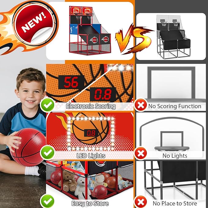 Upgrade Dual Basketball Arcade Game Kids Basketball Hoop with Electronic Scoreboard LED Light 6 Balls Indoor Outdoor Sports Toys Gifts for Boys Girls Ages 3-8 (Red)