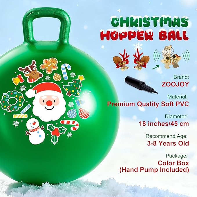 ZOOJOY Hopper Ball for Kids 3-8, 18 in Green Hippity Hop Balls, Bouncy Ball with Handle for Boys & Girls Indoor Outdoor Play, Inflatable Christmas Balls Bounce Hopping Toys with Pump