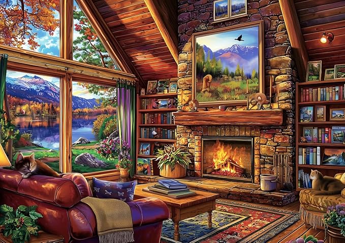 Cabin Living Room 500 Piece Jigsaw Puzzles for Adults Autumn Mountain Lake View Puzzle with Letters on Back Perfect for Game Night Scenic Landscape Puzzle Home Decor & Relaxing Gift- 23x15 Inch