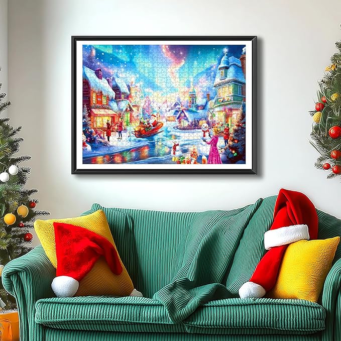 Christmas Village Puzzle for Adults 1000 Pieces, Northern Lights and Santa Snowy Jigsaw Puzzles No Dust with Snowman Holiday Party Family Fun Decor (27.5" x 19.7")