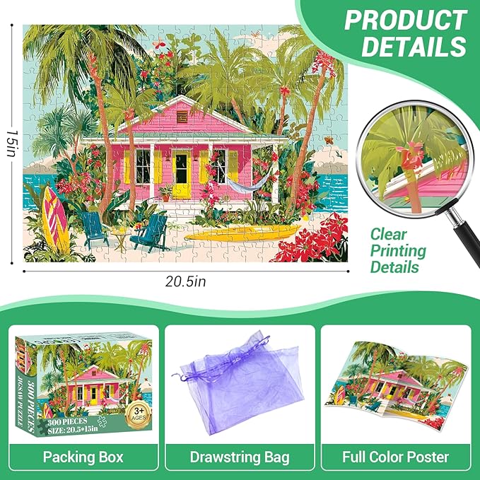 300 Piece Puzzles for Adults, Beauty Seaside Cottages Jigsaw Puzzles for Adult, Artwork of Beach with Surfboards and Ocean Puzzle, Leisure Puzzles for Friends, Game Nights Gifts, 20.5×15 in