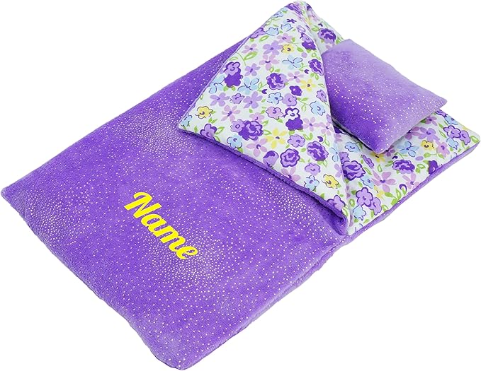 June Garden Personalized Reversible Doll Sleeping Bag - 2-Piece Playset Doll Accessory with Pillow - Fits 18" American Girl Dolls - Gifts for Girls 2 3 4 Year Old