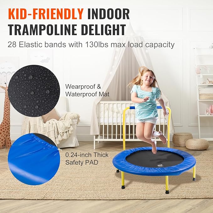 VEVOR 3FT Trampoline for Kids, 36" Trampolines Indoor/Outdoor Trampoline for Toddlers, Foldable Mini Baby Jump Toy with Foam Handle, Recreational Trampolines Birthday Gift for 3+ Years Kids