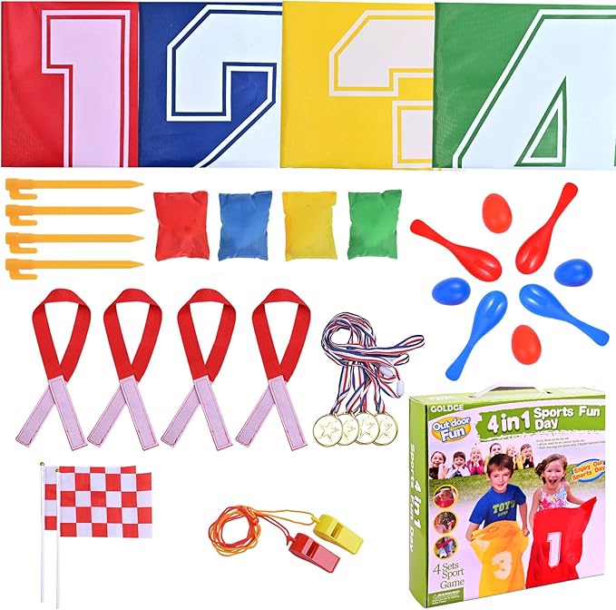 GOLDGE 28 Piece Outdoor Games Kit for Kids, Includes Potato Sack Race Bags, Bean Bag Toss, 3 Legged Race Bands, Egg Spoon Relay, for Easter & Birthday Parties (Potato Sack Race Bags)