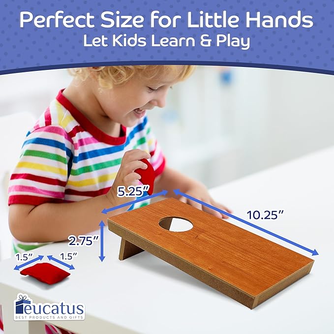Super Fun MINI Kids Portable Tabletop Cornhole Set. Two 10.5" x 5.25" Boards with 4 Red & 4 Blue Double Lined Bags. Great Slumber Party, Sleepover, or Birthday Party Bag Toss Game for Your Child