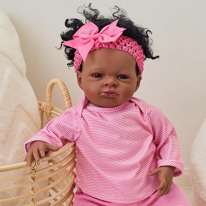 FOCKOF Realistic Reborn Baby Dolls-18 Inch Black Realistic Baby Doll Girls Soft Cloth Body Reborn Baby with Gift Box for Kids Age 3+