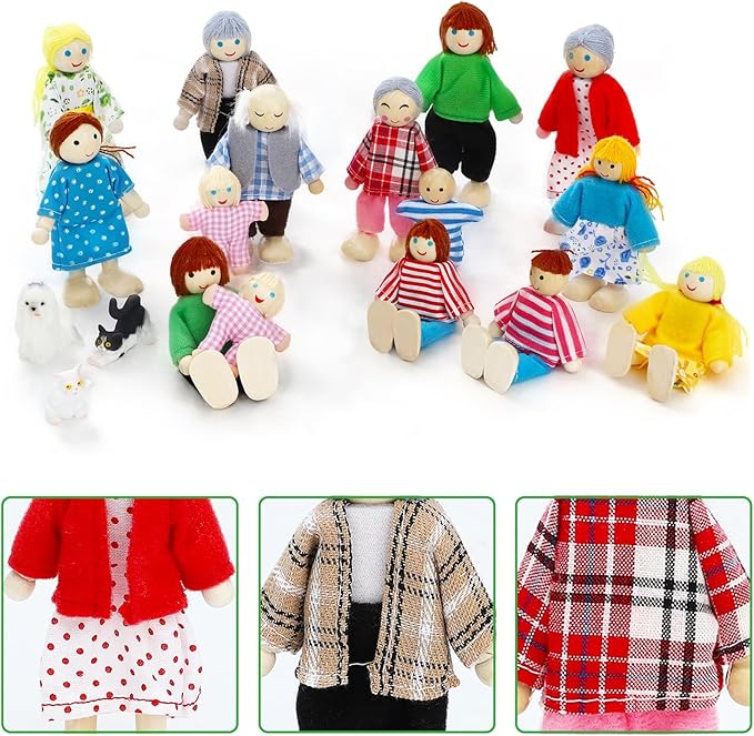 ONEST 20 Pieces Wooden Dollhouse Family Set Mini People Figures Dog Cat Sets Dollhouse Dolls Wooden Doll Family Pretend Play Figures Accessories for Pretend Dollhouse Toy