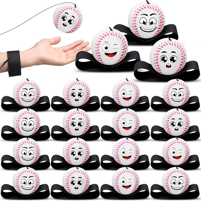 18 Pcs Wrist Return Balls on a String Face Return Sport Balls with Elastic Strap Wrist Exercise for Adults for Fun Outdoor Activity Sports Team Gifts (Baseball)