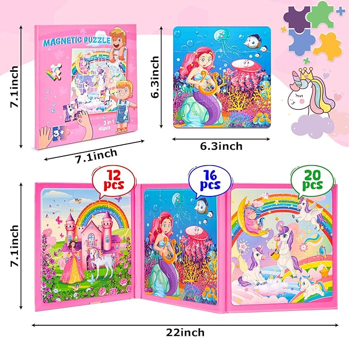 LovesTown Magnetic Puzzles for Toddlers, Educational 3-in-1 Fairytale Travel Puzzle Book, Learning Magnets for Kids, 48 PCS (Pack of 2)