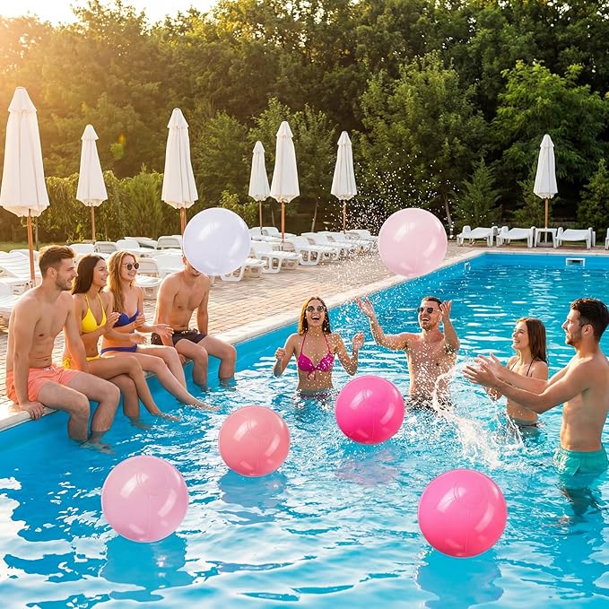 Realspring 24 Pcs Inflatable Beach Balls for Kids Bulk Pastel Solid Color Jumbo Beach Ball Swim Pool Floating Toys Baby Shower Birthday Summer Party Decor(Pink and White,26.5 Inch)