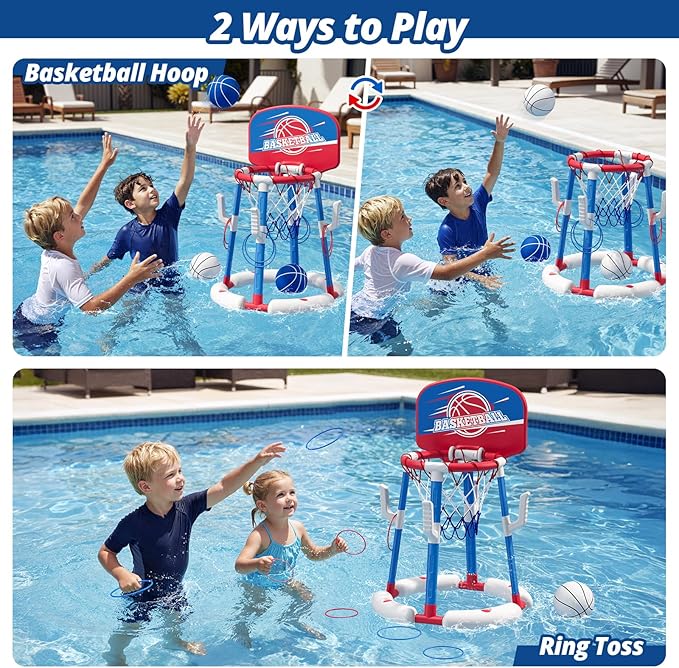 2 in 1 Pool Basketball Hoop with Backboard & Ring Toss Game, Floating Pool Toy - Anti-Tip Stable Base - with 4 Balls/8 Rings/Pump - Summer Water Indoor Outdoor Toy Gifts for Kids 4-8 & Adults, Red