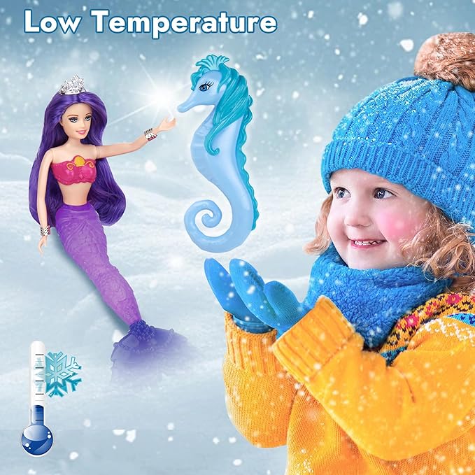 BETTINA Color Change Mermaid Doll Playset, Mermaid Princess Doll with Color-Changing Tail, Mermaid Toys with Seahorse & Accessories, Purple Hair